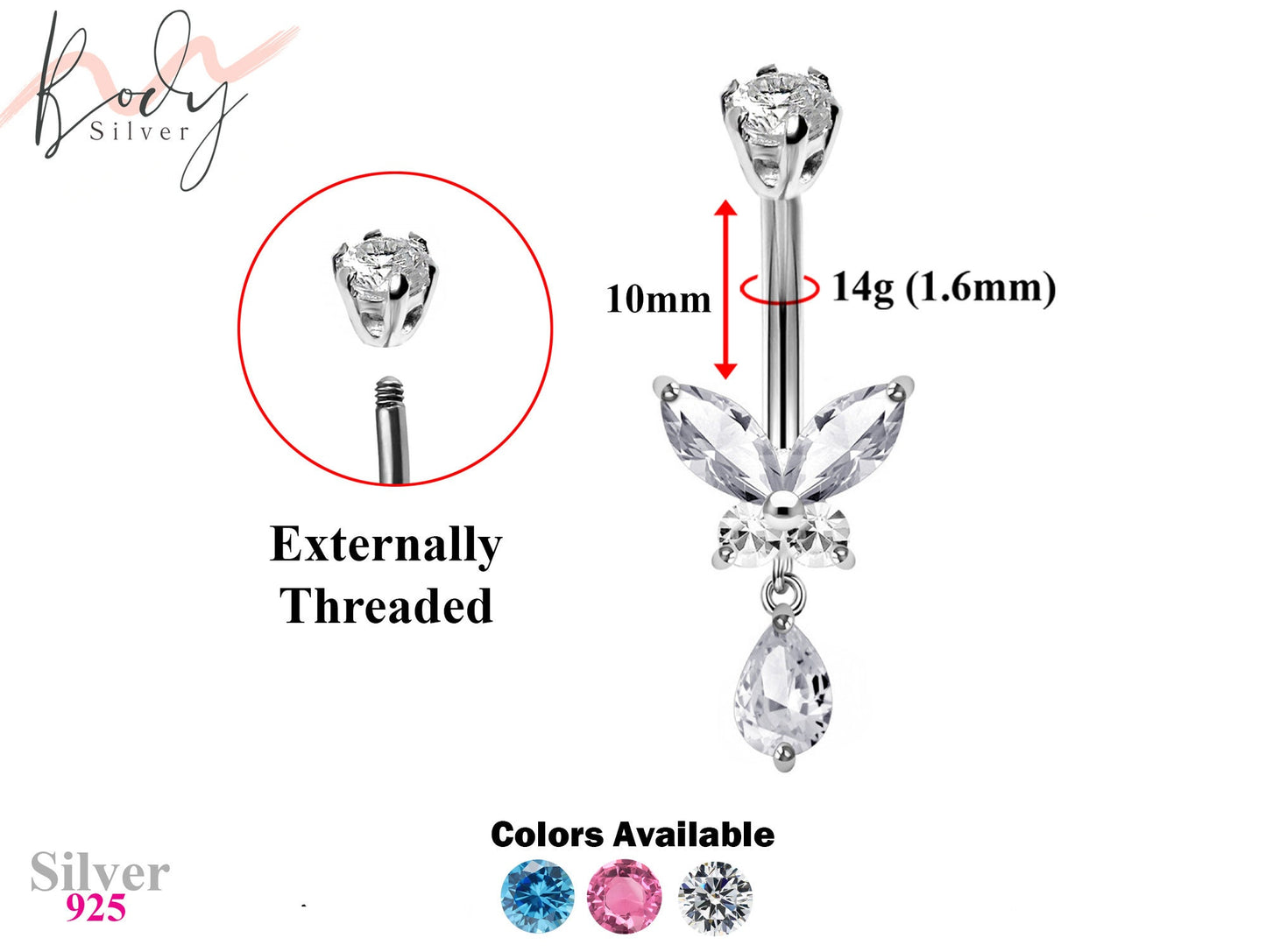 Designer Belly Bars - Silver - Butterfly Dangle Belly Ring made of CZ Crystals - Navel Ring - 14g (1.6mm) Length is 10mm