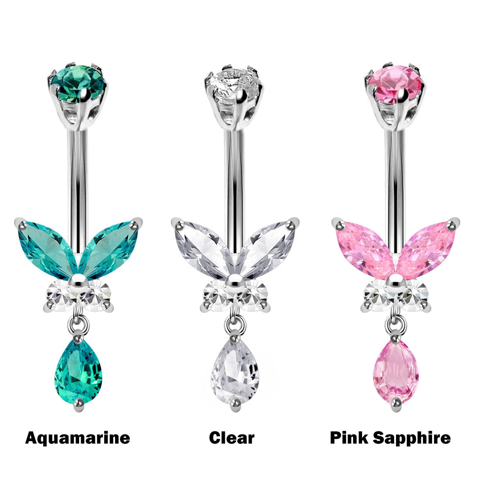 Designer Belly Bars - Silver - Butterfly Dangle Belly Ring made of CZ Crystals - Navel Ring - 14g (1.6mm) Length is 10mm