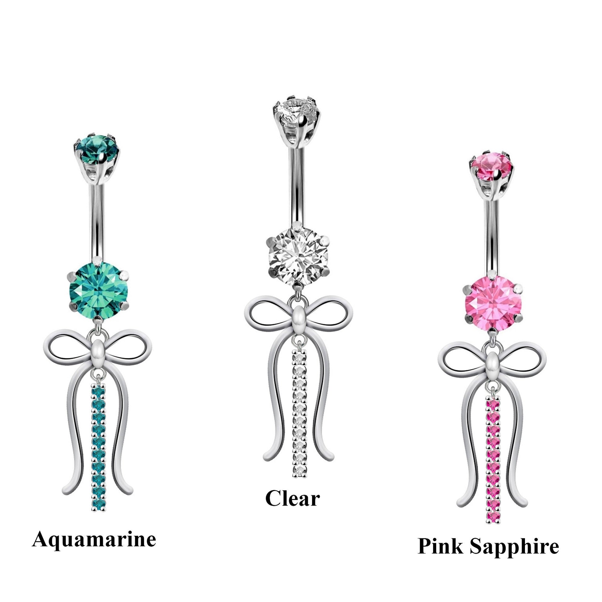 Designer Belly Rings- Silver - Ribbon bow tie Design Belly Bars with CZ Crystals - Navel Ring - 14g (1.6mm) Length is 10mm