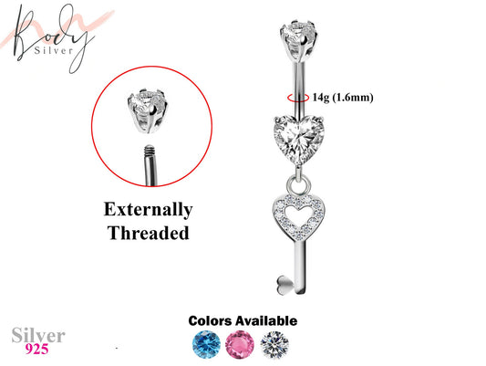 Heart Key Design Belly Bars studded with CZ Crystals Designer Belly Button Rings - Silver - Belly Button - 14g (1.6mm)