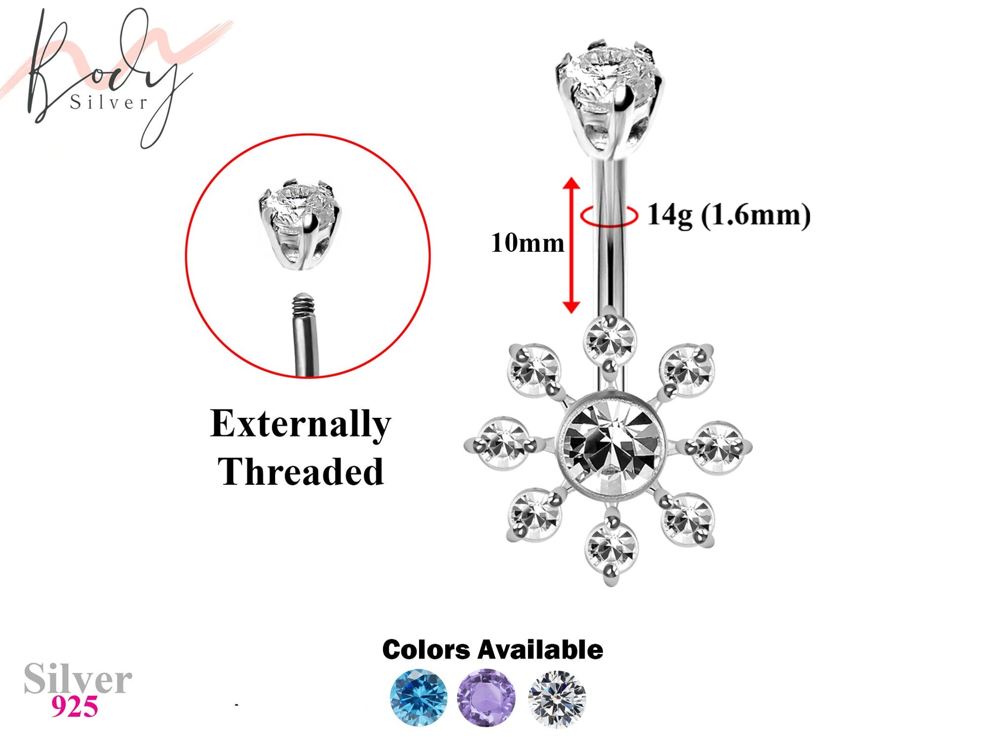 Designer Belly Button Rings- Silver - Nautical Wheel Design Belly Bars with CZ Crystals - Navel Ring - 14g (1.6mm) Length is 10mm