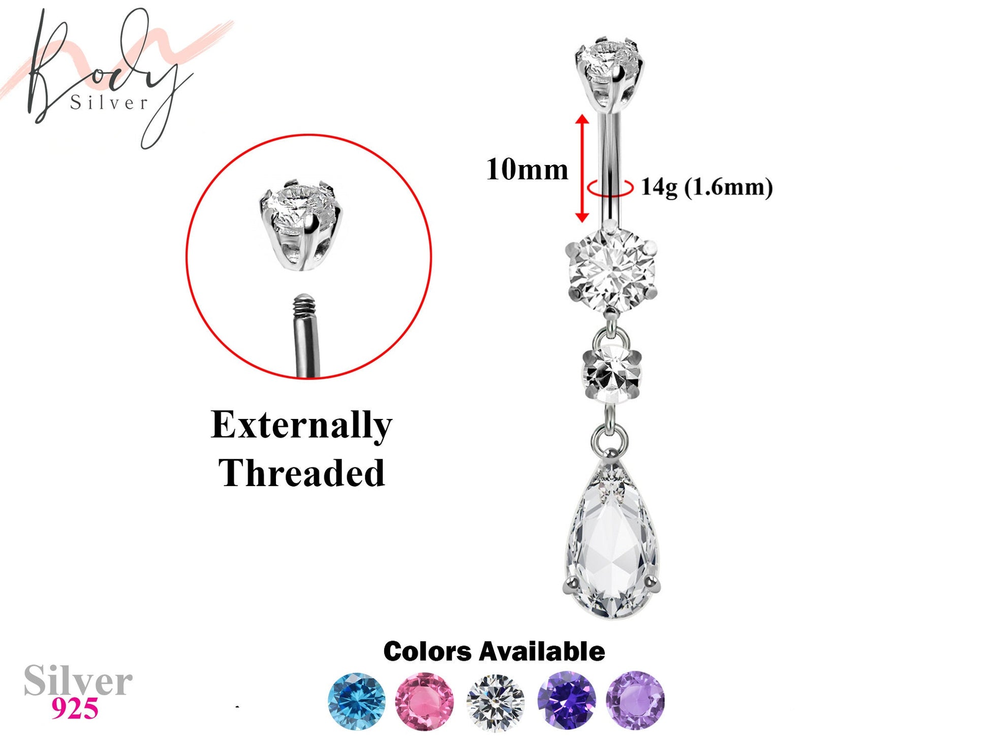 Designer Belly Rings- Silver - Water drop dangle Design Belly Bars studded CZ Crystals - Navel Ring - 14g (1.6mm) Length is 10mm