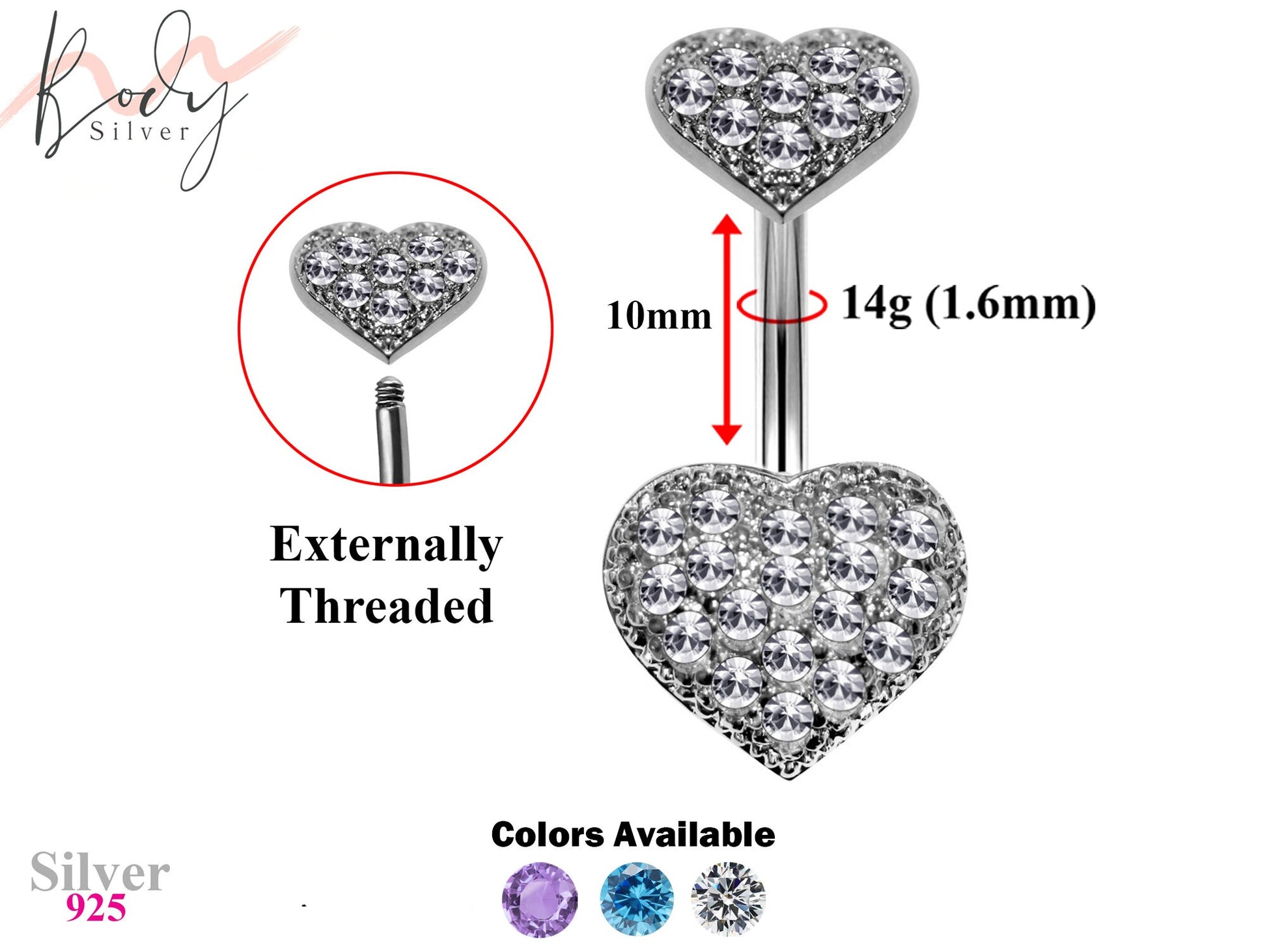 Designer Belly Ring - Silver - Double Heart Top and Bottom Belly Ring studded with CZ Crystals - Navel Ring - 14g (1.6mm) Length is 10mm