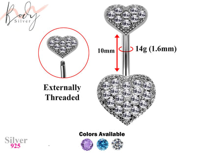 Designer Belly Ring - Silver - Double Heart Top and Bottom Belly Ring studded with CZ Crystals - Navel Ring - 14g (1.6mm) Length is 10mm