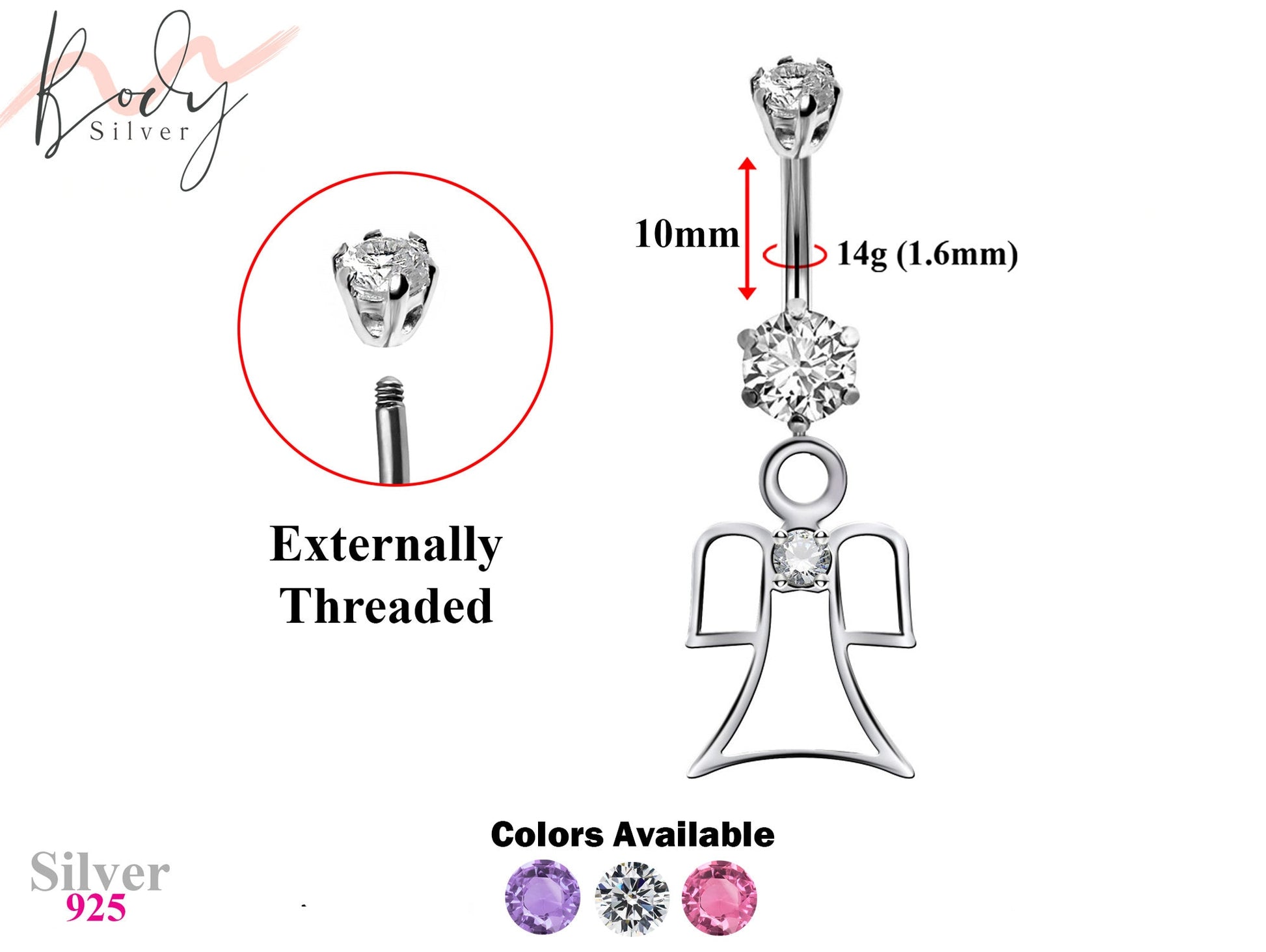 Designer Belly Bars - Silver - Guardian Angel Design Belly Ring with Center CZ Crystals - Navel Ring - 14g (1.6mm) Length is 10mm