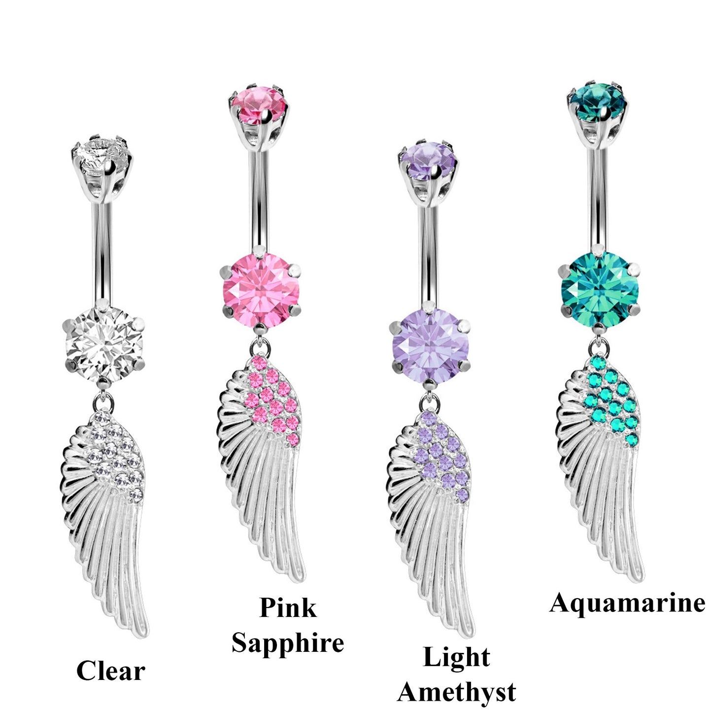 Designer Belly Bars - Silver - Angel Wing Design Belly Ring with CZ Crystals - Navel Ring - 14g (1.6mm) Length is 10mm