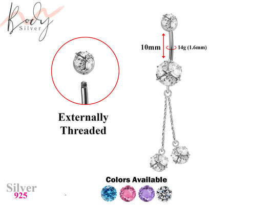 Designer Belly Button Ring - Silver - 2 Drop Dangle Round Belly Bar Design with CZ Crystals - Navel Ring - 14g (1.6mm) Length is 10mm