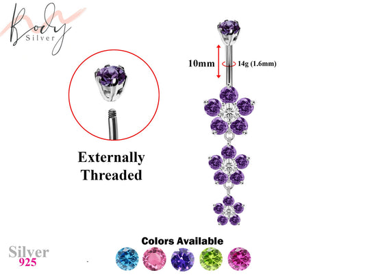 Designer Belly Bars - Silver - 3 Drop Five Petal Flower Design Belly Bars with CZ Crystals - Navel Ring - 14g (1.6mm) Length is 10mm