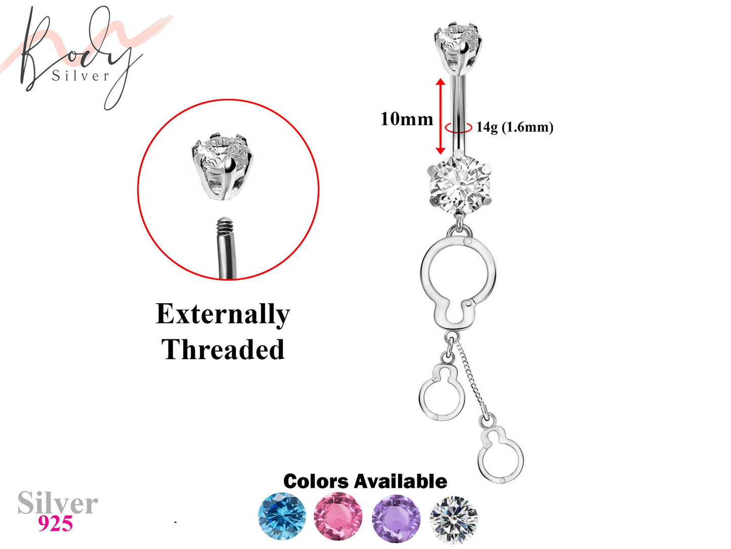 Designer Belly Ring - Silver - Hand cuff chain dangle Design Belly Bars with CZ Crystals - Navel Ring - 14g (1.6mm) Length is 10mm