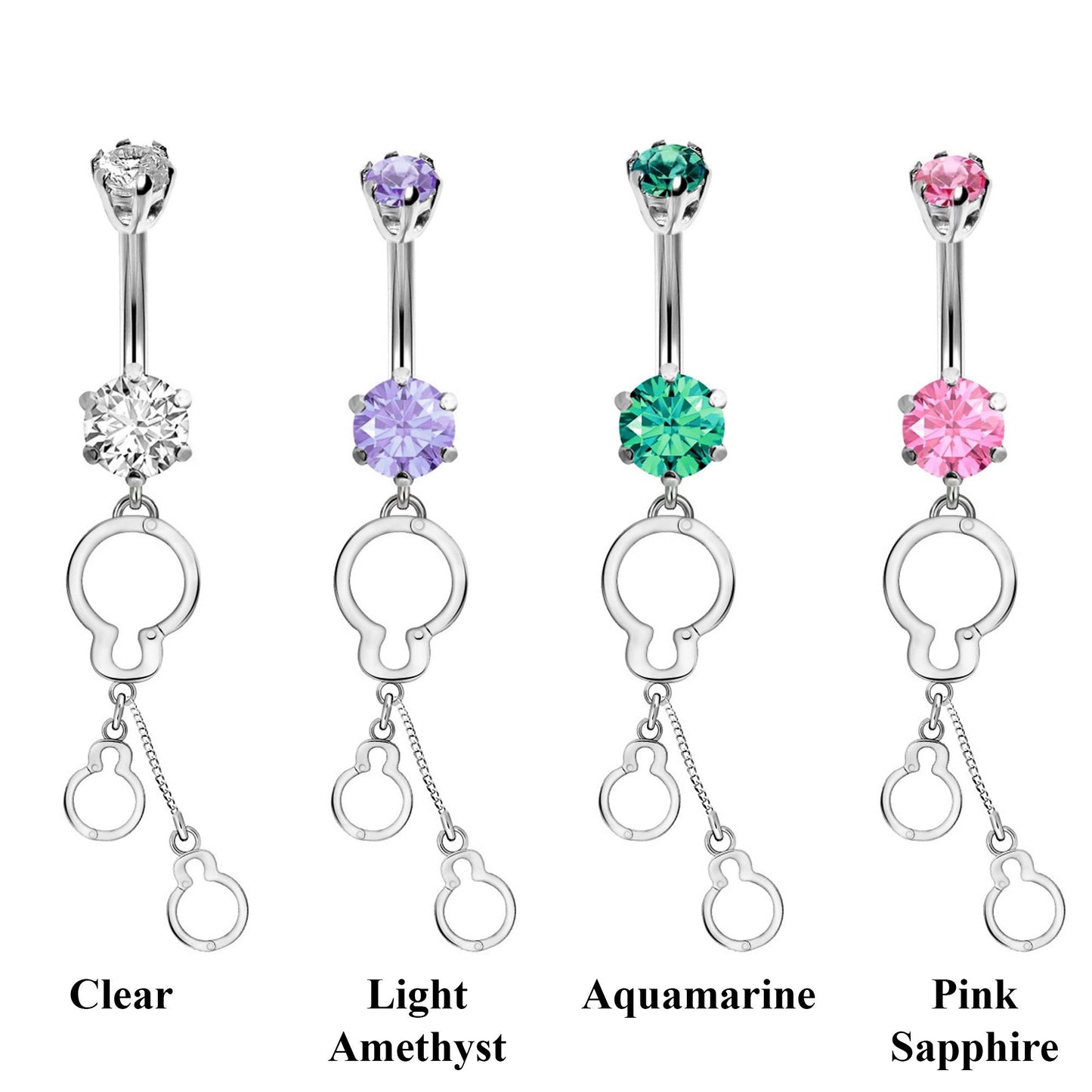 Designer Belly Ring - Silver - Hand cuff chain dangle Design Belly Bars with CZ Crystals - Navel Ring - 14g (1.6mm) Length is 10mm