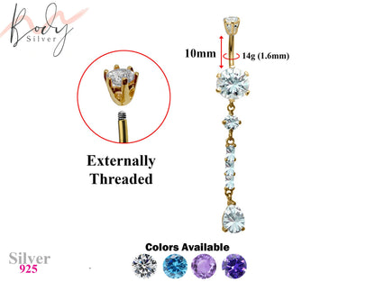 Gold Plated Luxury Drop Dangle Belly Rings with CZ Crystals - Designer Belly Button Ring - Belly Bar - 14g (1.6mm) Length is 10mm