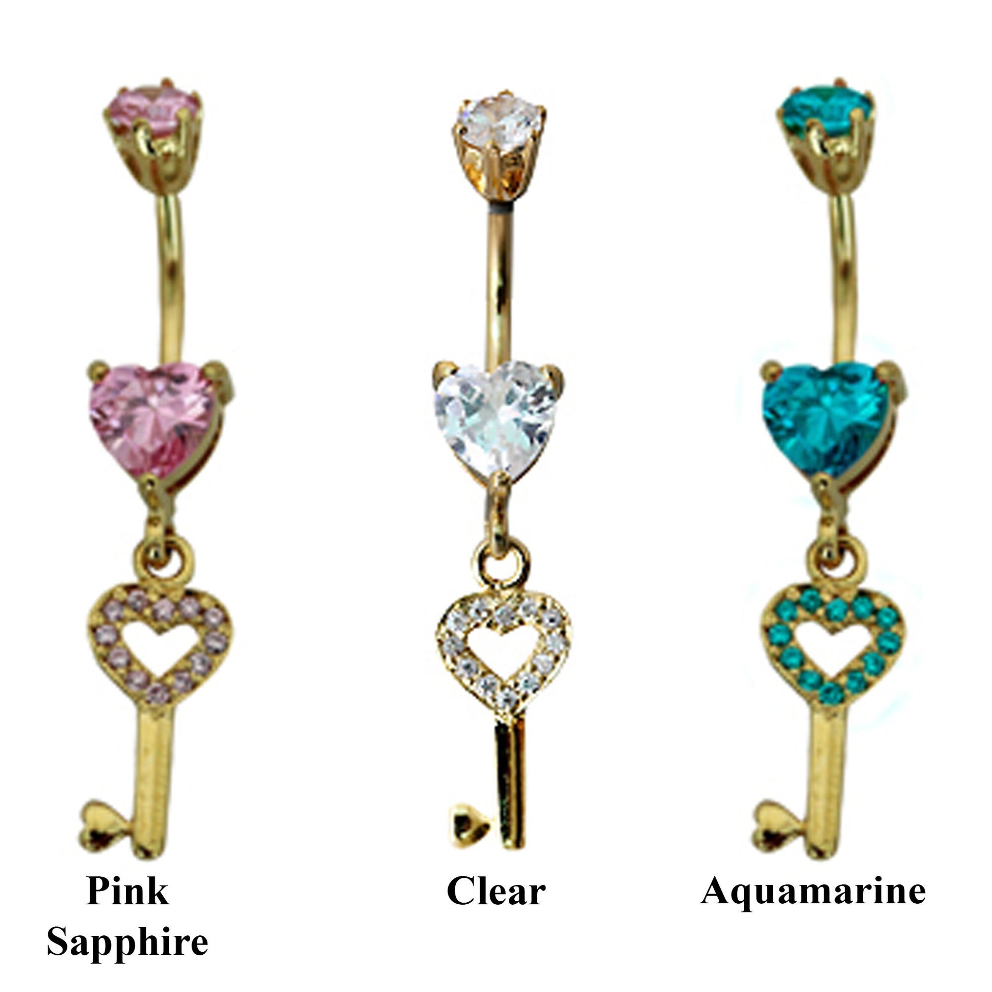 Gold Plated Heart Key Silver Belly Bar with CZ Crystals - Designer Belly Button Rings - Navel Ring - 14g (1.6mm) Length is 10mm