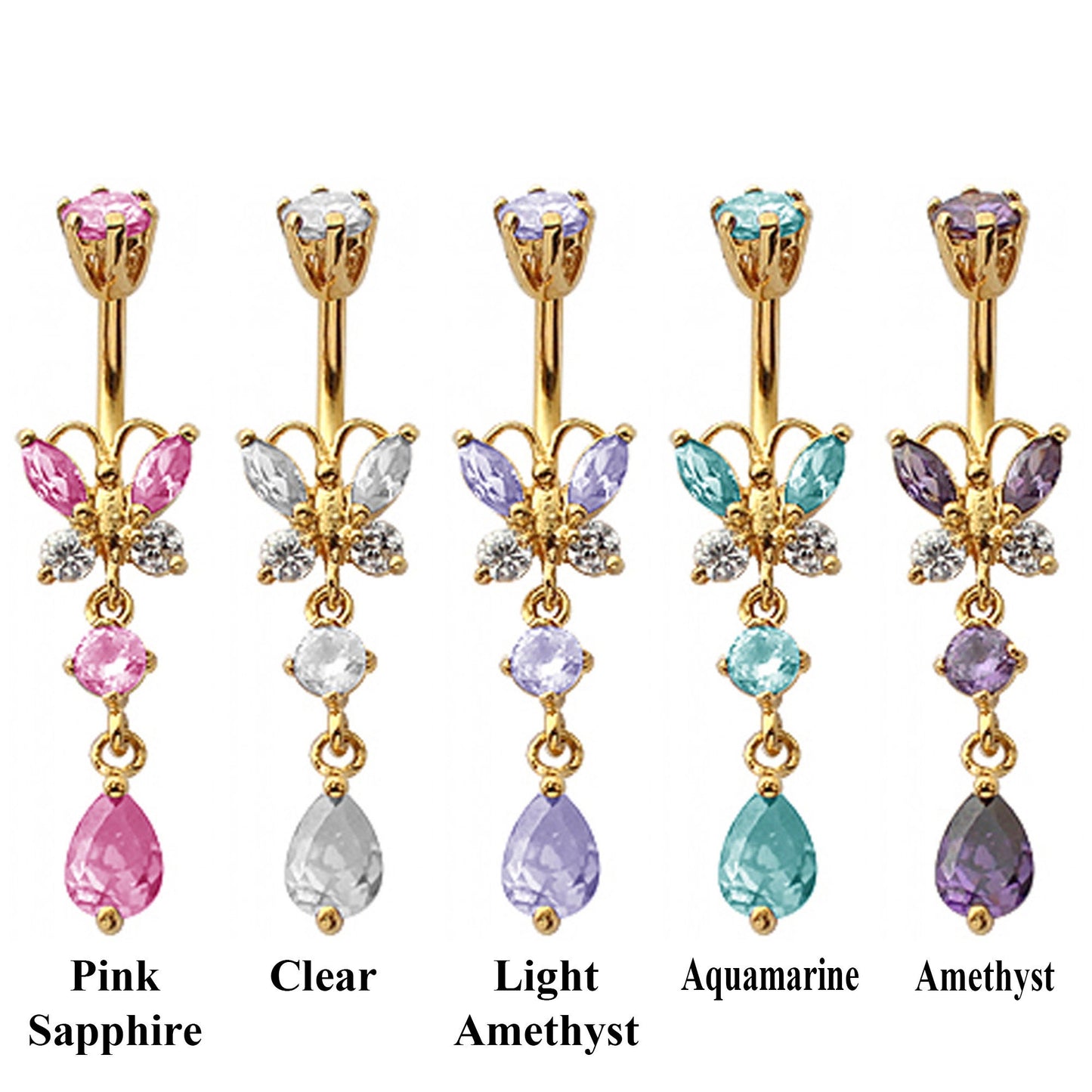 Gold Plated Butterfly Silver Belly Bar with Crystals - Designer Belly Button Rings - Navel Ring - 14g (1.6mm) Length is 10mm