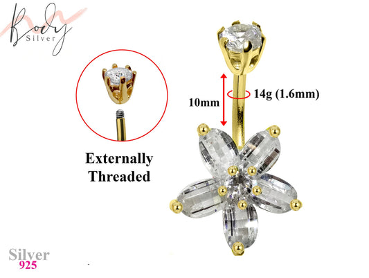 Gold Plated Silver 5 Petal Flower Design Belly Bar with Crystals - Designer Belly Button Rings - Navel Ring - 14g (1.6mm) Length is 10mm