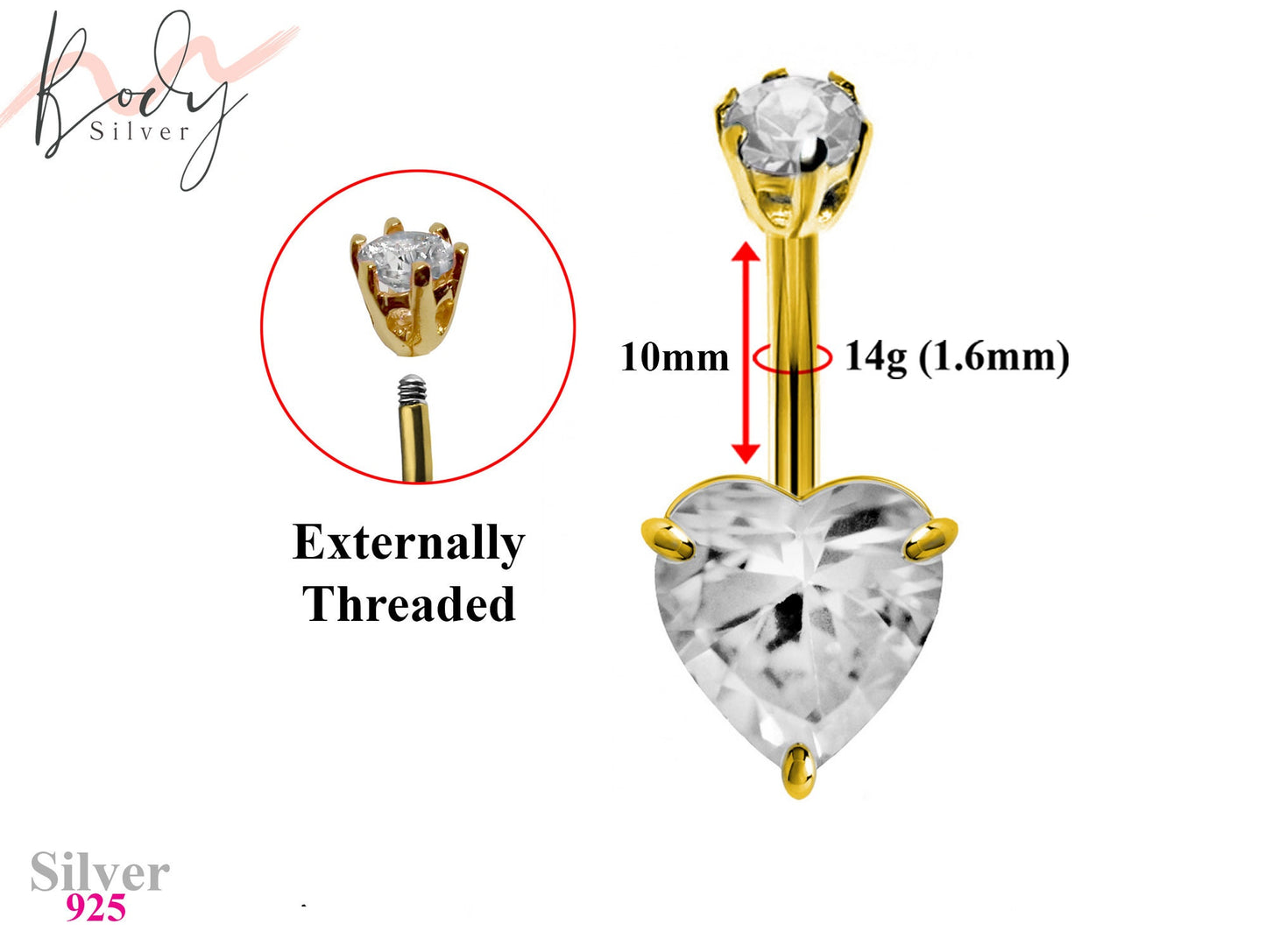 Gold Plated Silver Heart Belly Bar with CZ Crystals - Designer Silver Belly Button Rings - Navel Ring - 14g (1.6mm) Length is 10mm