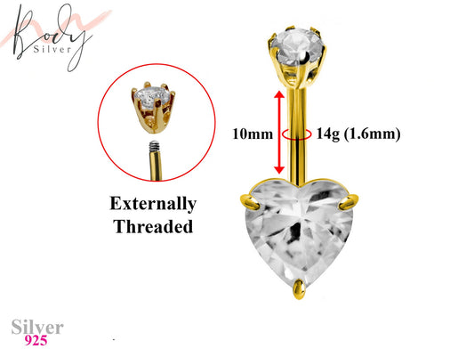 Gold Plated Silver Heart Belly Bar with CZ Crystals - Designer Silver Belly Button Rings - Navel Ring - 14g (1.6mm) Length is 10mm