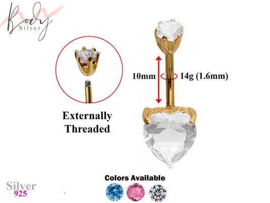 Gold Plated Simple Heart Design Belly Rings with CZ Crystals - Designer Belly Button Rings - Navel Ring - 14g (1.6mm) Length is 10mm