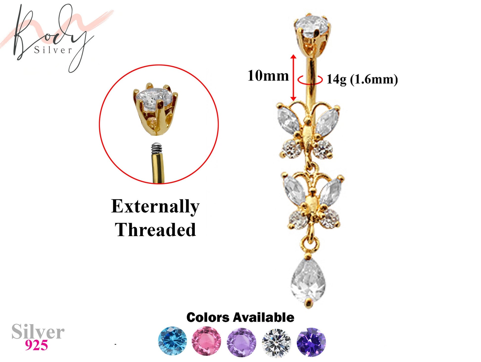 Gold Plated Double drop Butterfly Belly Rings with CZ Crystals - Designer Belly Button Rings - Navel Ring - 14g (1.6mm) Length is 10mm