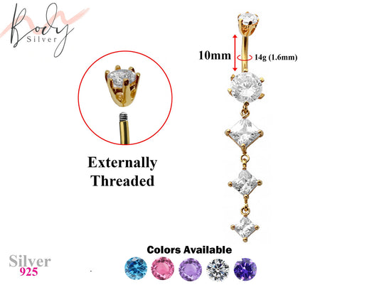 Gold Plated Diamond shape dangle Belly Rings with CZ Crystals - Designer Belly Button Rings - Navel Ring - 14g (1.6mm) Length is 10mm