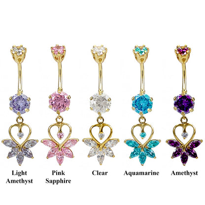 Gold Plated Dangle Flower Heart Belly Rings with CZ Crystals - Designer Belly Button Ring - Navel Ring - 14g (1.6mm) Length is 10mm