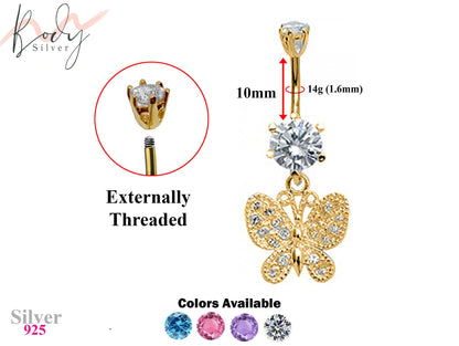 Gold Plated Butterfly Design Belly Rings studded with CZ Crystals - Designer Belly Button Rings - Navel Ring - 14g (1.6mm) Length is 10mm