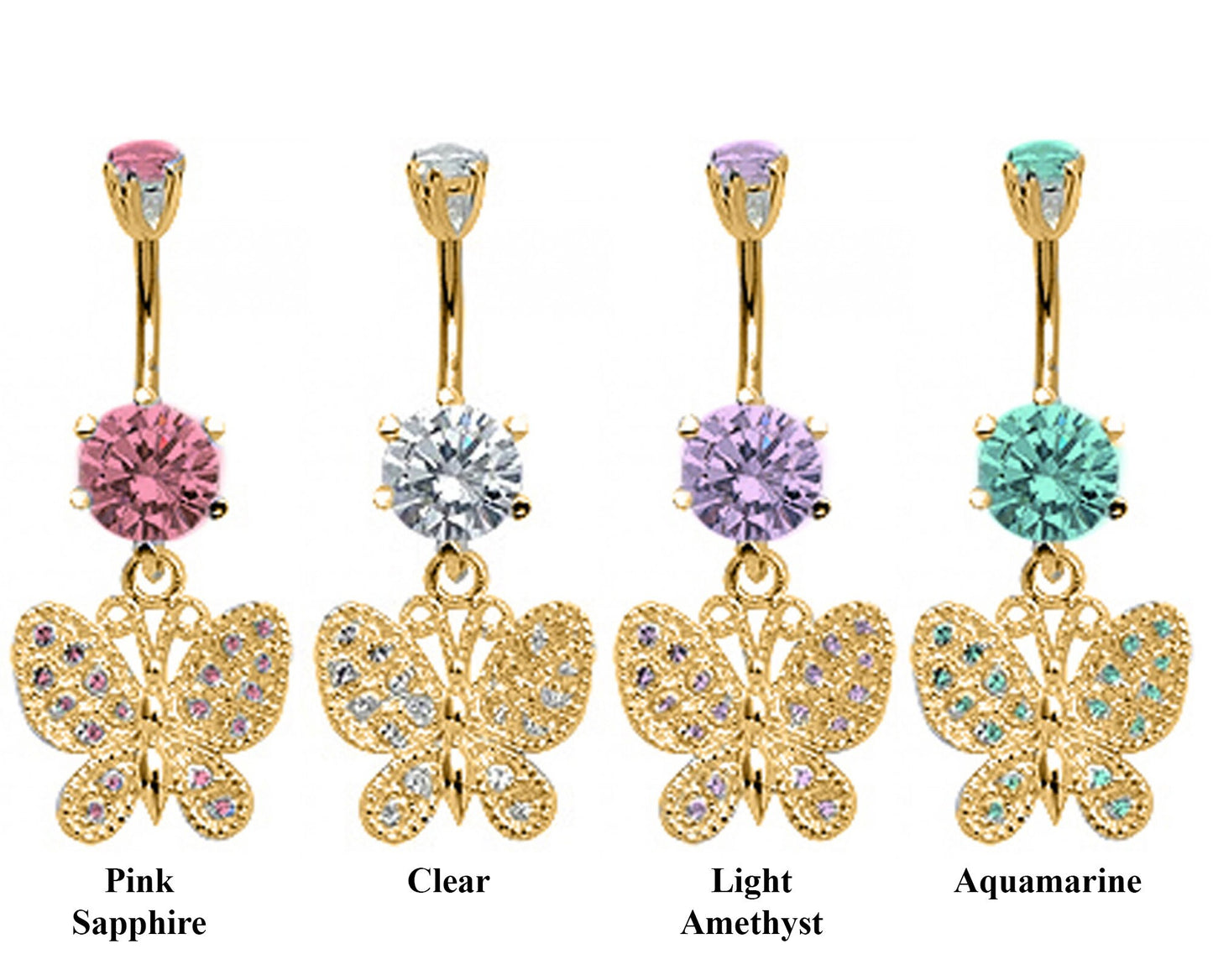 Gold Plated Butterfly Design Belly Rings studded with CZ Crystals - Designer Belly Button Rings - Navel Ring - 14g (1.6mm) Length is 10mm