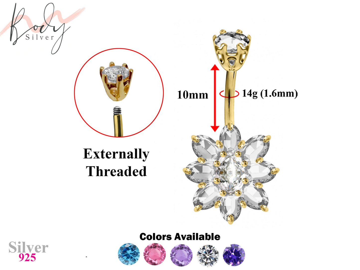 Gold Plated Flower Belly Rings with CZ Crystals - Designer Belly Button Rings - Navel Ring - 14g (1.6mm) Length is 10mm