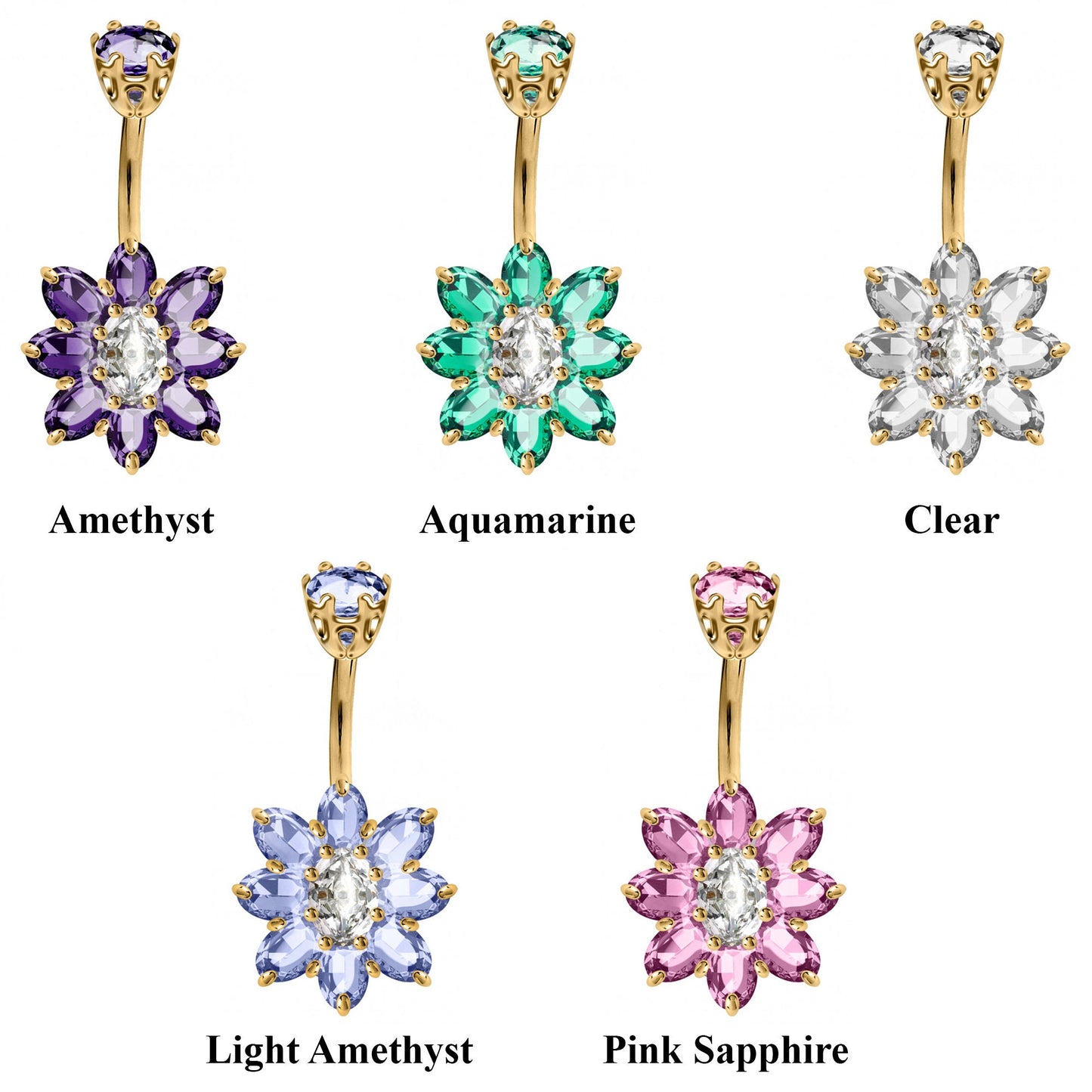 Gold Plated Flower Belly Rings with CZ Crystals - Designer Belly Button Rings - Navel Ring - 14g (1.6mm) Length is 10mm