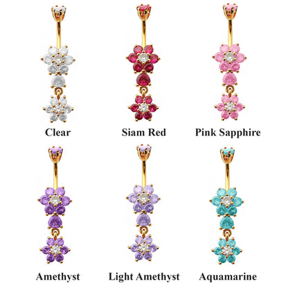 Gold Plated Double Flower Drop Belly Bars with CZ Crystals - Designer Belly Button Ring - Navel Ring - 14g (1.6mm) Length is 10mm