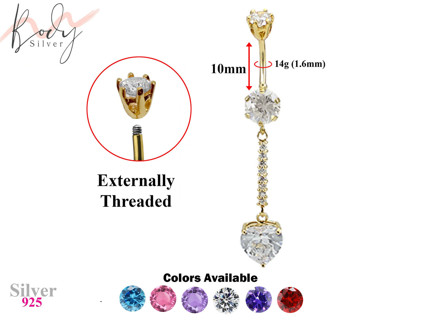 Gold Plated Fabulous Dangle Heart Belly Bars with Crystals - Designer Silver Belly Button Rings - Navel Ring - 14g (1.6mm) Length is 10mm