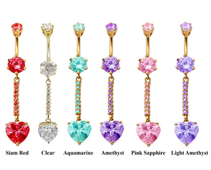 Gold Plated Fabulous Dangle Heart Belly Bars with Crystals - Designer Silver Belly Button Rings - Navel Ring - 14g (1.6mm) Length is 10mm