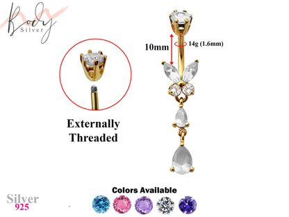 Gold Plated Butterfly Dangle Silver Belly Bar with Crystals - Designer Belly Button Rings - Navel Ring - 14g (1.6mm) Length is 10mm