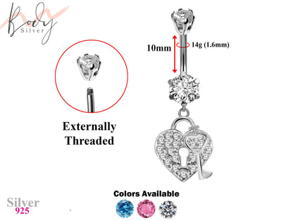 Designer Belly Rings - Silver - Dangle Heart and Key Lock Design Belly Bars surrounded with CZ Crystals - Navel Jewelry - 14g (1.6mm)