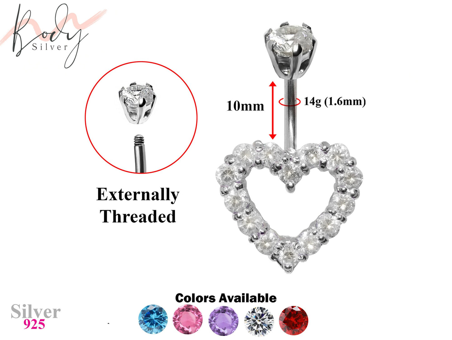 Heart Shape Silver Belly Button Ring - Jewelry Crafted Top Ball We use Quality Austrian cut Crystals - Navel Jewelry - 14g (1.6mm)