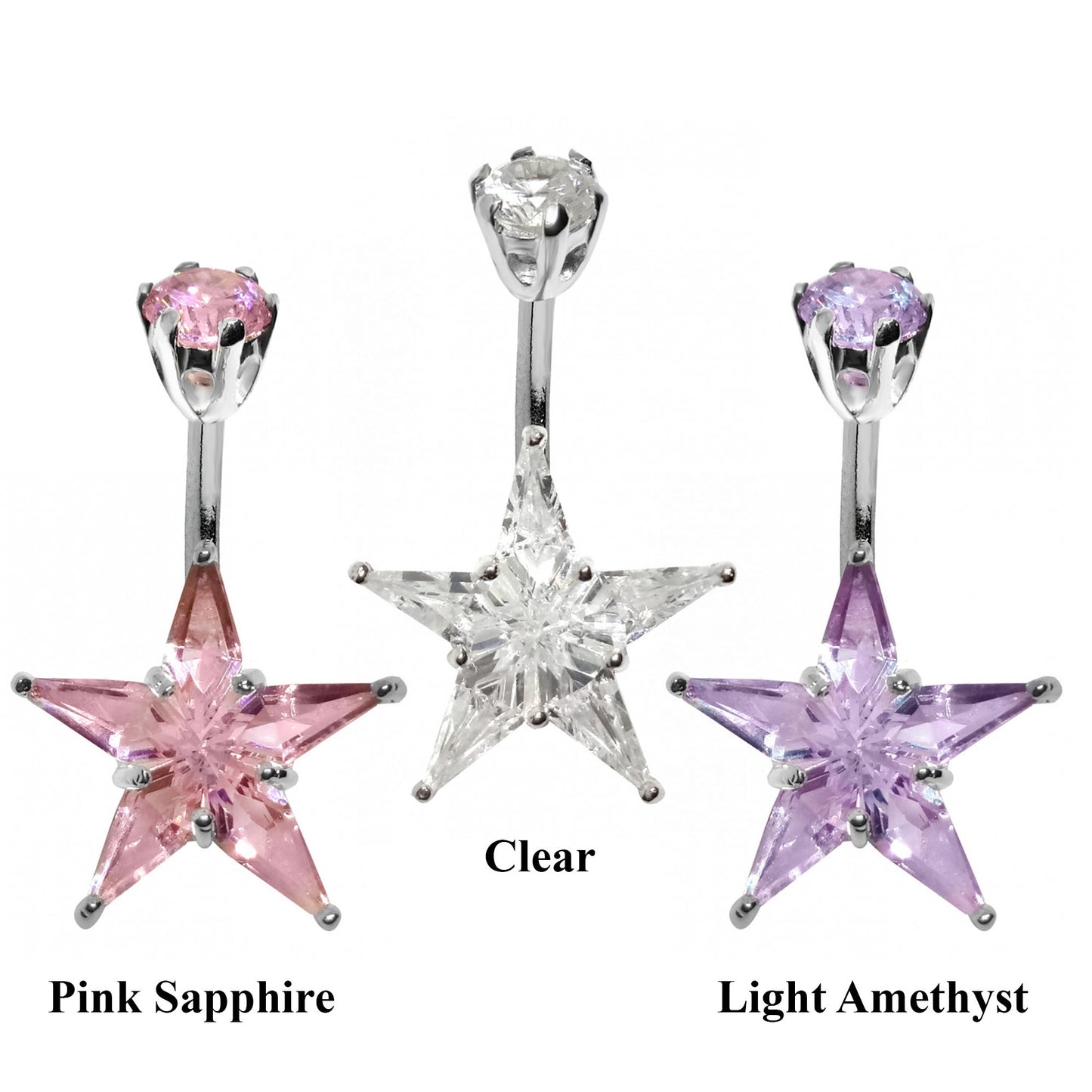 Designer Belly Bars - Silver - Stars Belly Ring with CZ Crystals - Belly Button Ring - 14g (1.6mm) Length 8mm to 10mm