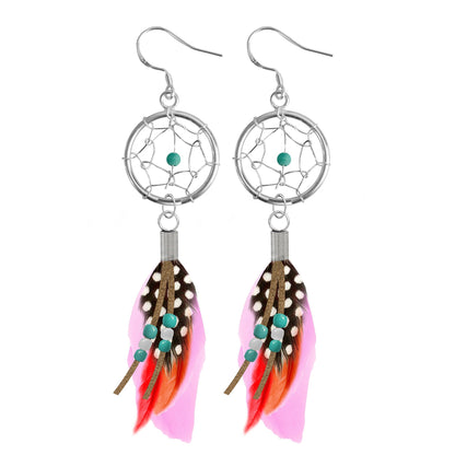 Dangle Earrings, Feather Hook Earring with Natural Stone Turquoise Silver Dreamcatchers - Fashion Jewelry