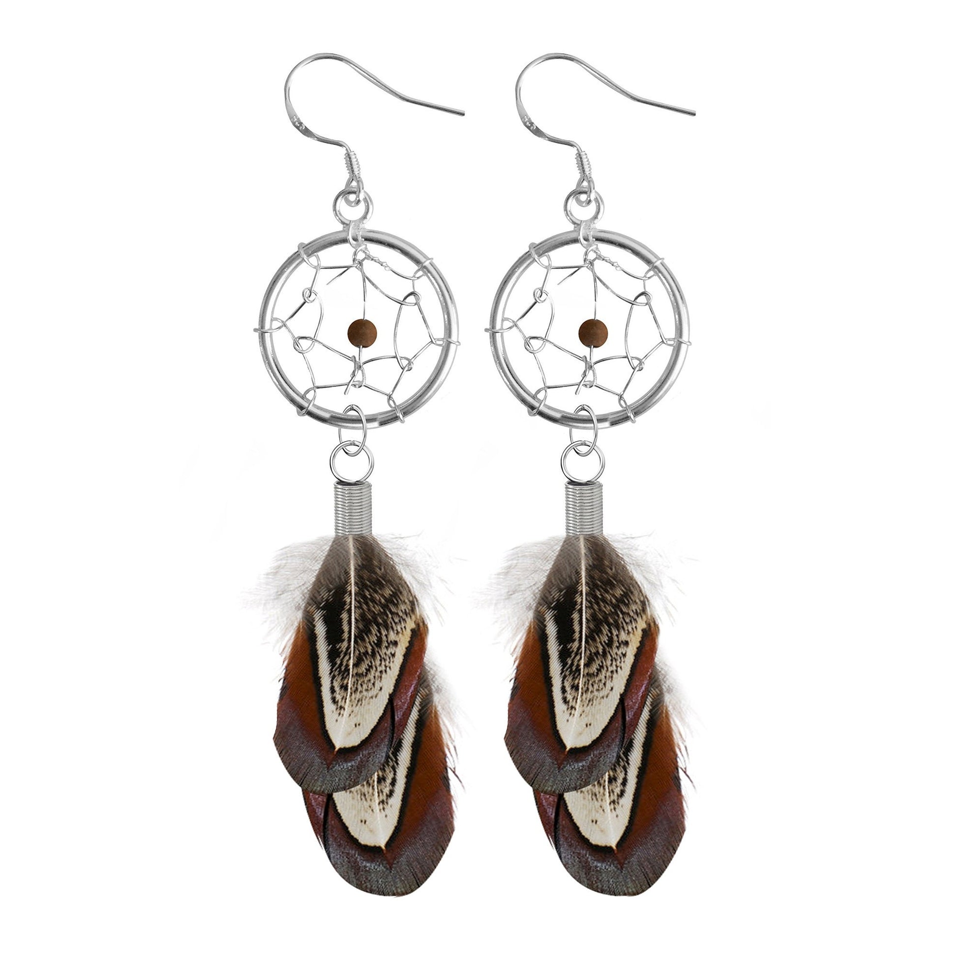 Dangle Earrings, Feather Hook Earring with Natural Stone Turquoise Silver Dreamcatchers - Fashion Jewelry