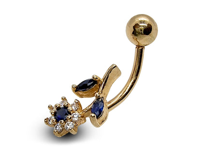 Flower Crystal Belly Ring - Solid 14K Gold Designer Belly Button Ring with Blue Sapphire - Finest Quality Gold Body Piercing