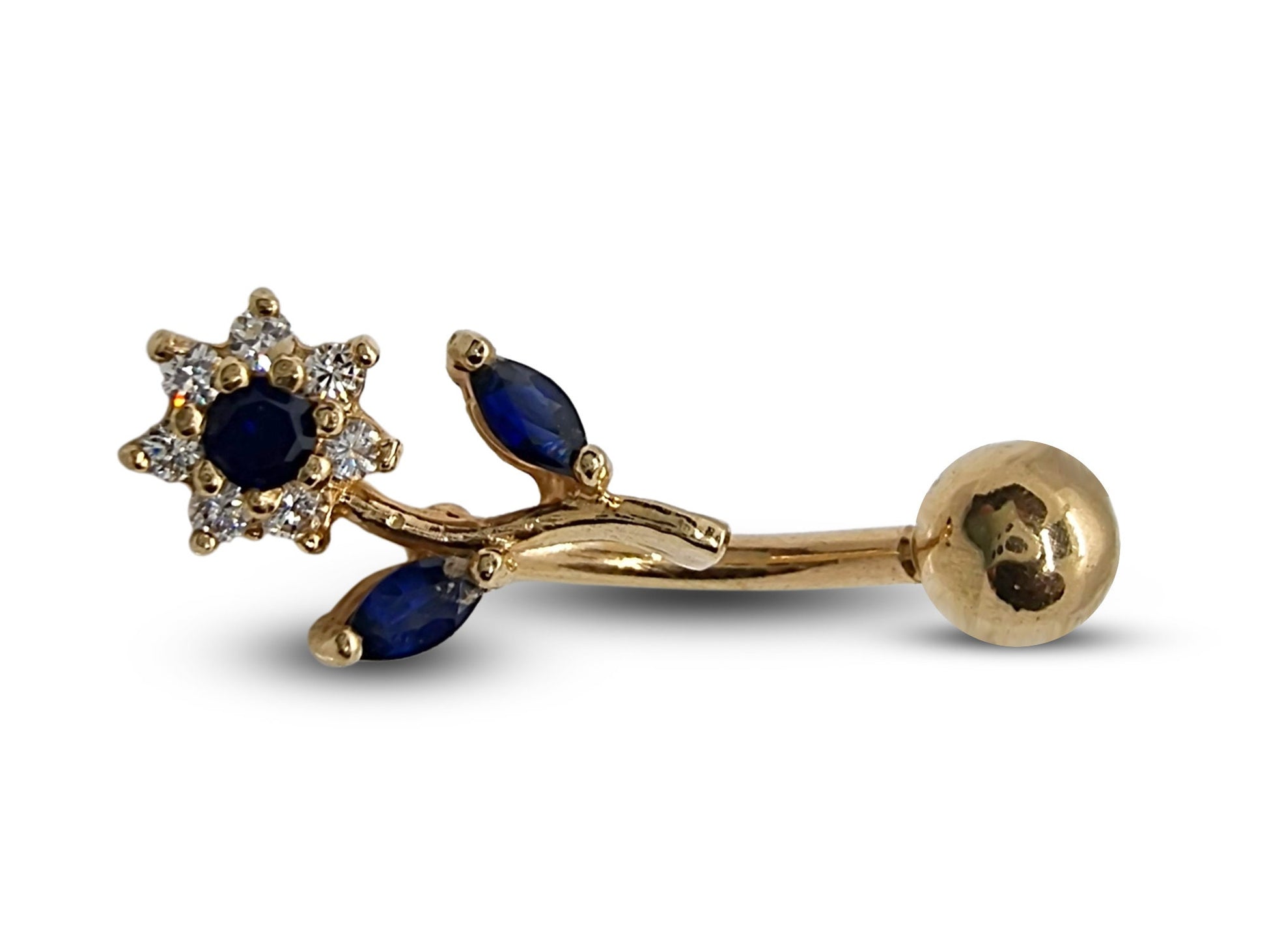 Flower Crystal Belly Ring - Solid 14K Gold Designer Belly Button Ring with Blue Sapphire - Finest Quality Gold Body Piercing