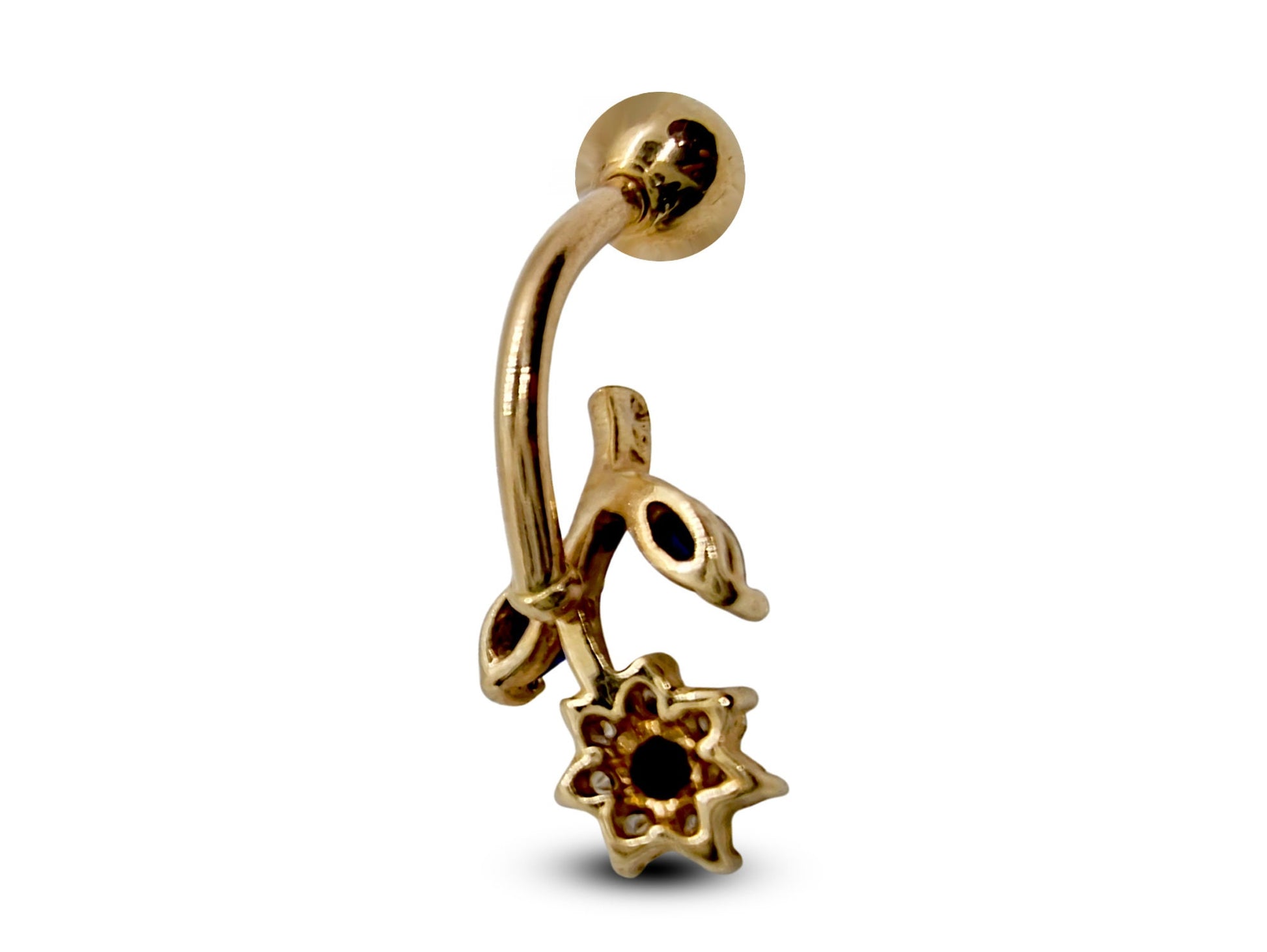 Flower Crystal Belly Ring - Solid 14K Gold Designer Belly Button Ring with Blue Sapphire - Finest Quality Gold Body Piercing