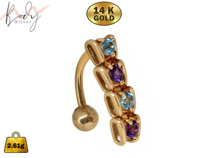 Solid Gold Belly Bar Made of Genuine Precious Stones 4 Moving parts for Extra Comfort - 14K Gold Belly Rings Body Piercing Jewellery