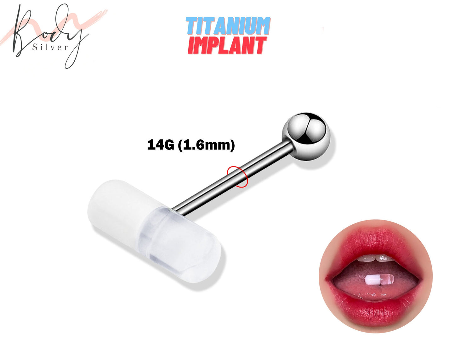 Tongue Bar Acrylic Capsule Straight Barbell Piercing - Titanium 14g Barbell Studs, Tongue Pill - Color White and Transparent