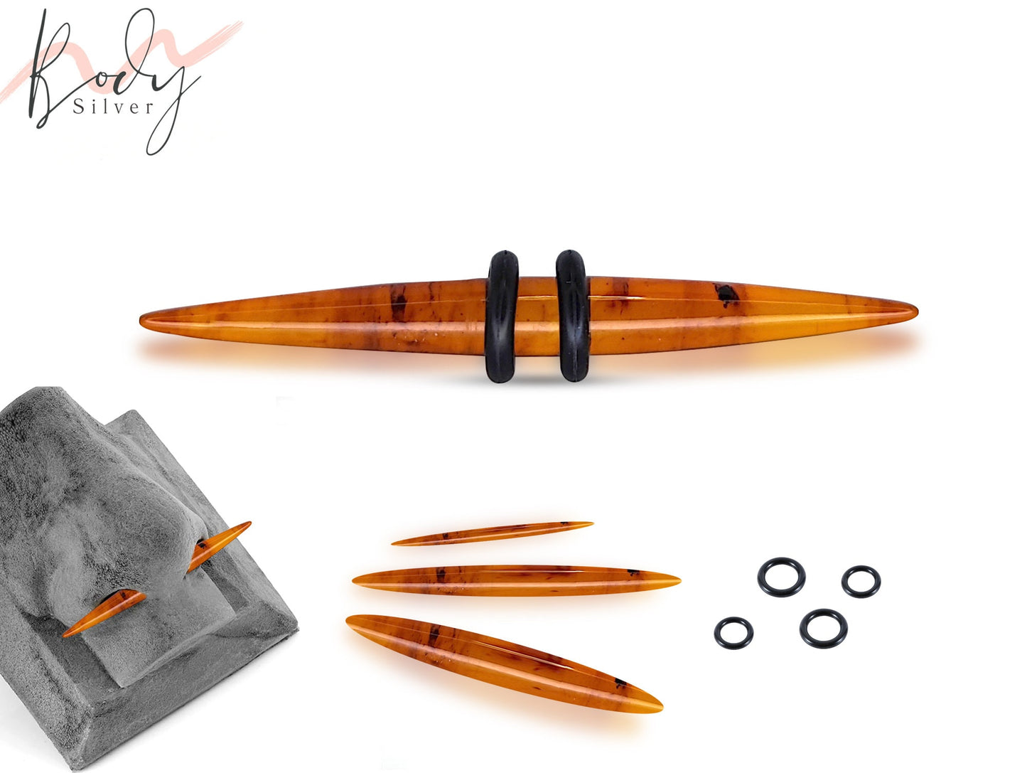 Septum Bar Spike, Septum Tusk - UV Amber Stretcher Piercing with rubber O-ring - Ear Stretched Piercing, Ear Gauge - Horn Piercing