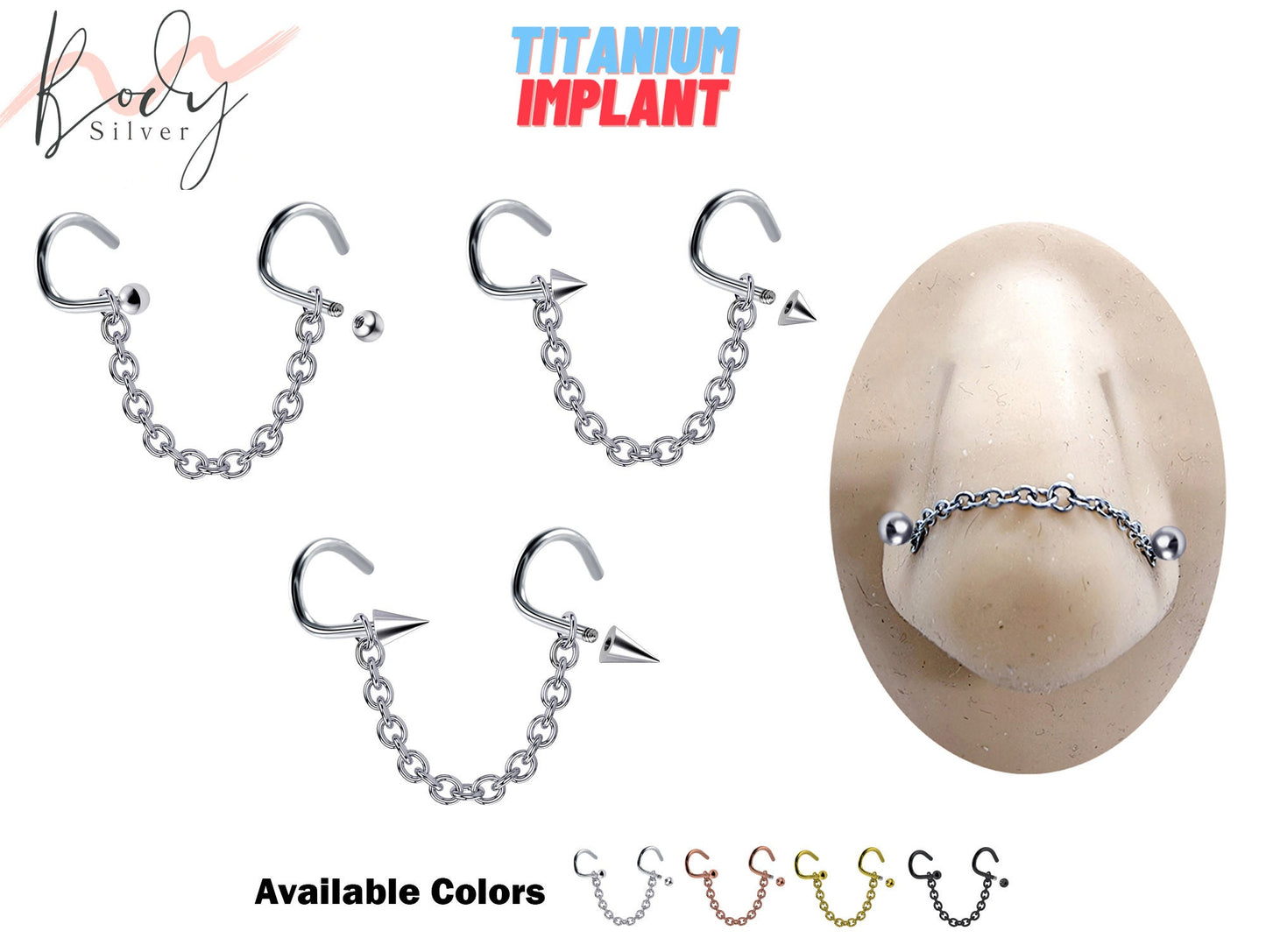 Spike Nasallang Nose Stud Chain Piercing - Nose Piercing with Chain and Nostril Screw - Nostril Jewelry Available also in Ball and Cone