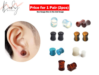 Stone Plugs, Stone tunnels - 1 Pair (2pcs) of Ear Gauge Stretching kit made from natural stone minerals - tunnels and plugs 8g to 00g