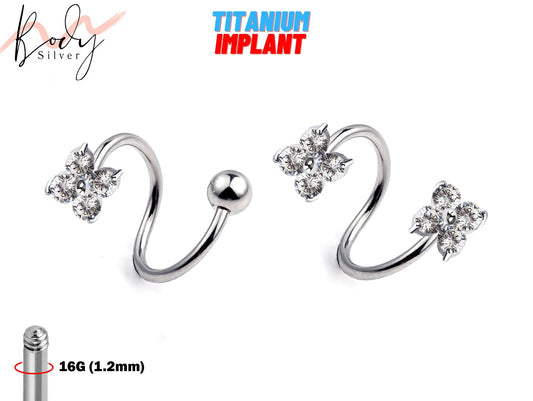 Spiral Barbell, Ear Cartilage Studs - 16G Twist Bar Helix Ear with Flower CZ Crystal - Body Piercing also for Belly, Lip Ring and Eyebrow