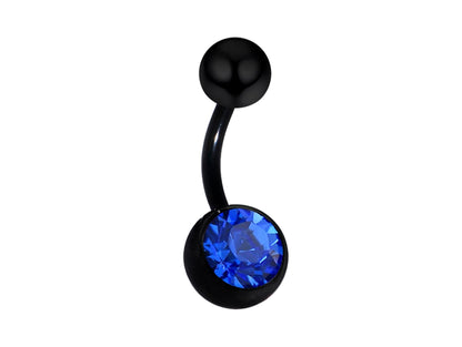 Black Belly Ring, Black Belly bar with Single Gem CZ Crystal - Bent Barbell Body Piercing for Belly Button - Externally Threaded - 16g 14g