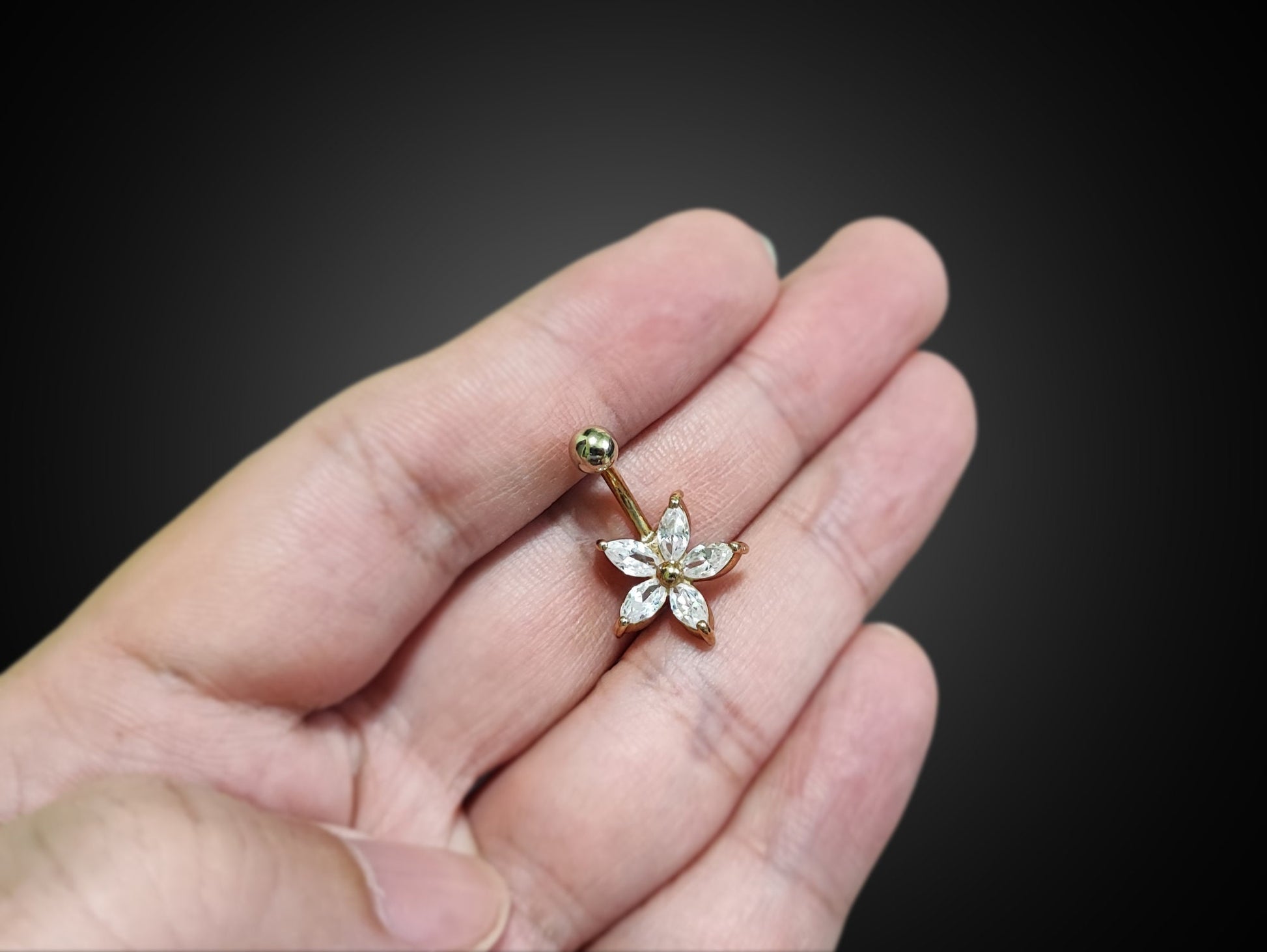 Flower Belly Ring with 5 petal Crystal - Solid 14K Gold Designer Belly Button Ring with Crystal Hand Set - Finest Quality Gold Body Piercing