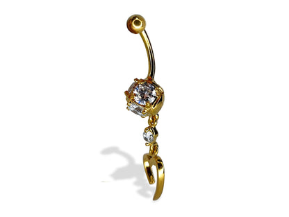 Open Heart Dangle Belly Ring - Solid 14K Gold Designer Belly Button Ring with Crystal Hand Set - Finest Quality Gold Body Piercing