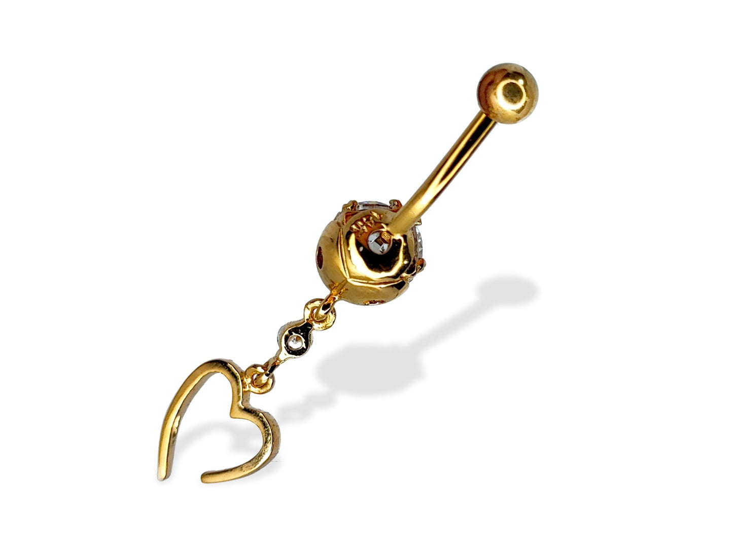 Open Heart Dangle Belly Ring - Solid 14K Gold Designer Belly Button Ring with Crystal Hand Set - Finest Quality Gold Body Piercing